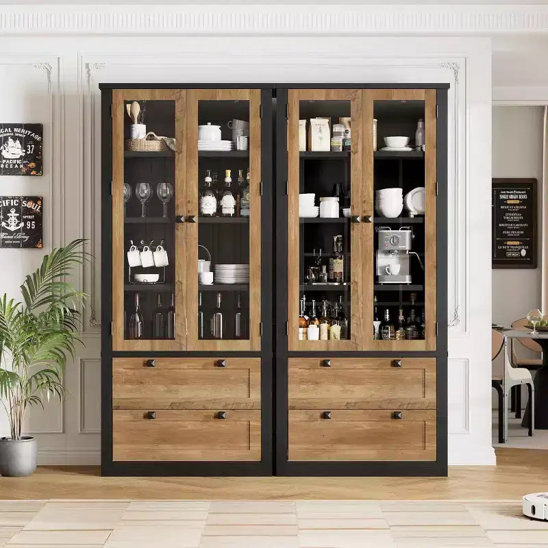 Farmhouse Kitchen Pantry Cabinet with Glass Doors, 72in Storage Cupboard with Drawers and Adjustable Shelves for Dining Room Bathroom Living Room
