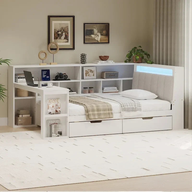L-shaped Wooden Sofa Daybed with Desk, Bookcase Cabinet, Corner Bed with Under-bed Drawers, Upholstered Headboard Built-in Light