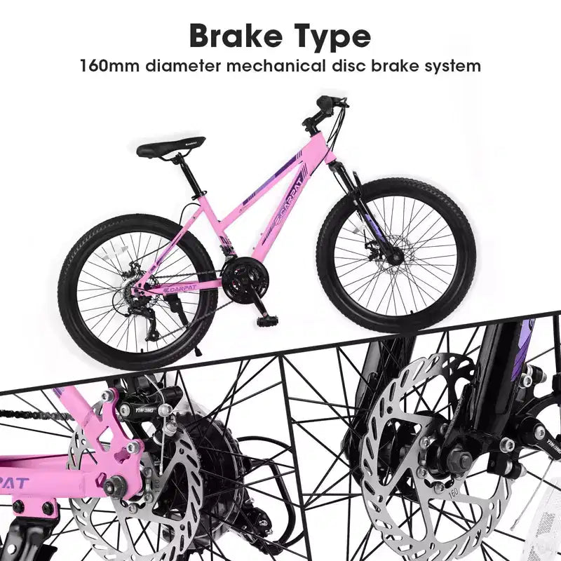 Okak 24/26IN Mountain Bike with 21 Speeds and Dual Disc Brakes, Kids Bike with 100mm Front Suspension, Dirt Bike for Teenagers and Women