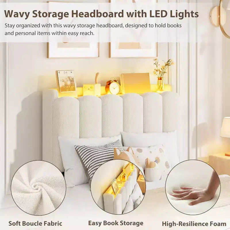 Bed frame with storage headboard, childrens bed frame with 2 drawers, fabric upholstered platform bed, contoured headboard with bookshelf