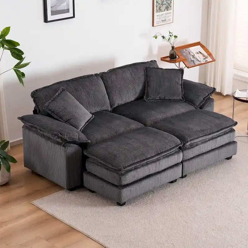 Canapé 2 places moderne en velours côtelé avec 4 coussins de soutien et 2 poufs