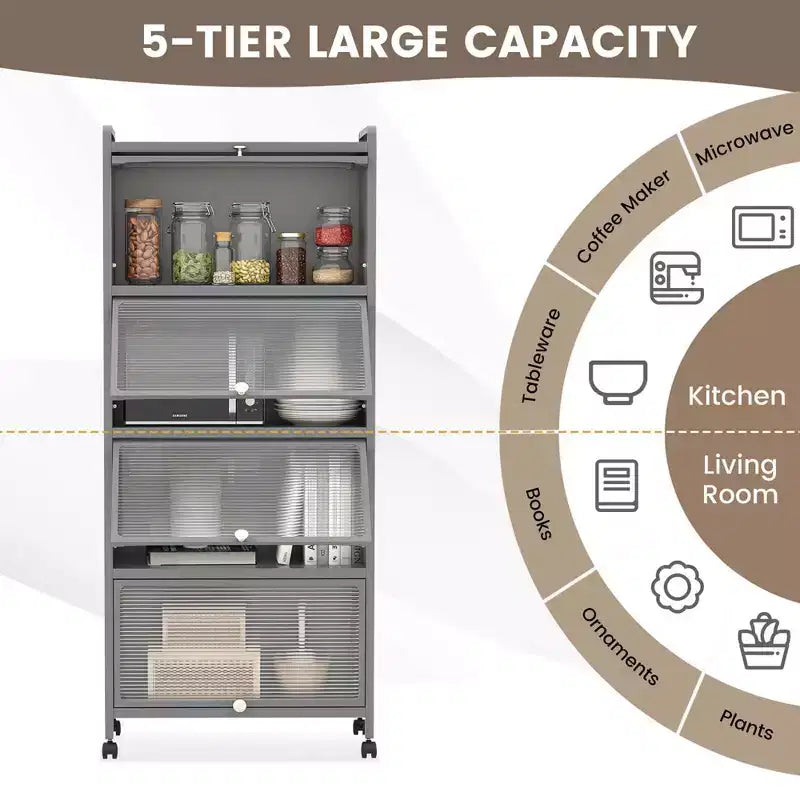 Costway 5-Tier Kitchen Bakers Rack Storage Cabinet Mobile Microwave Stand Flip-up Doors White/Black/Grey/Green
