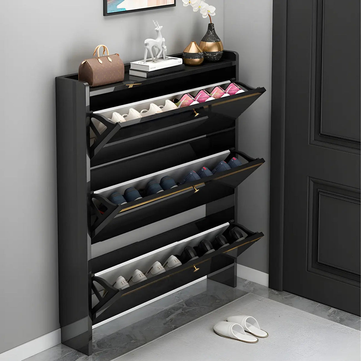 Entryway Glam Black Shoe Storage with Adjustable Shelves