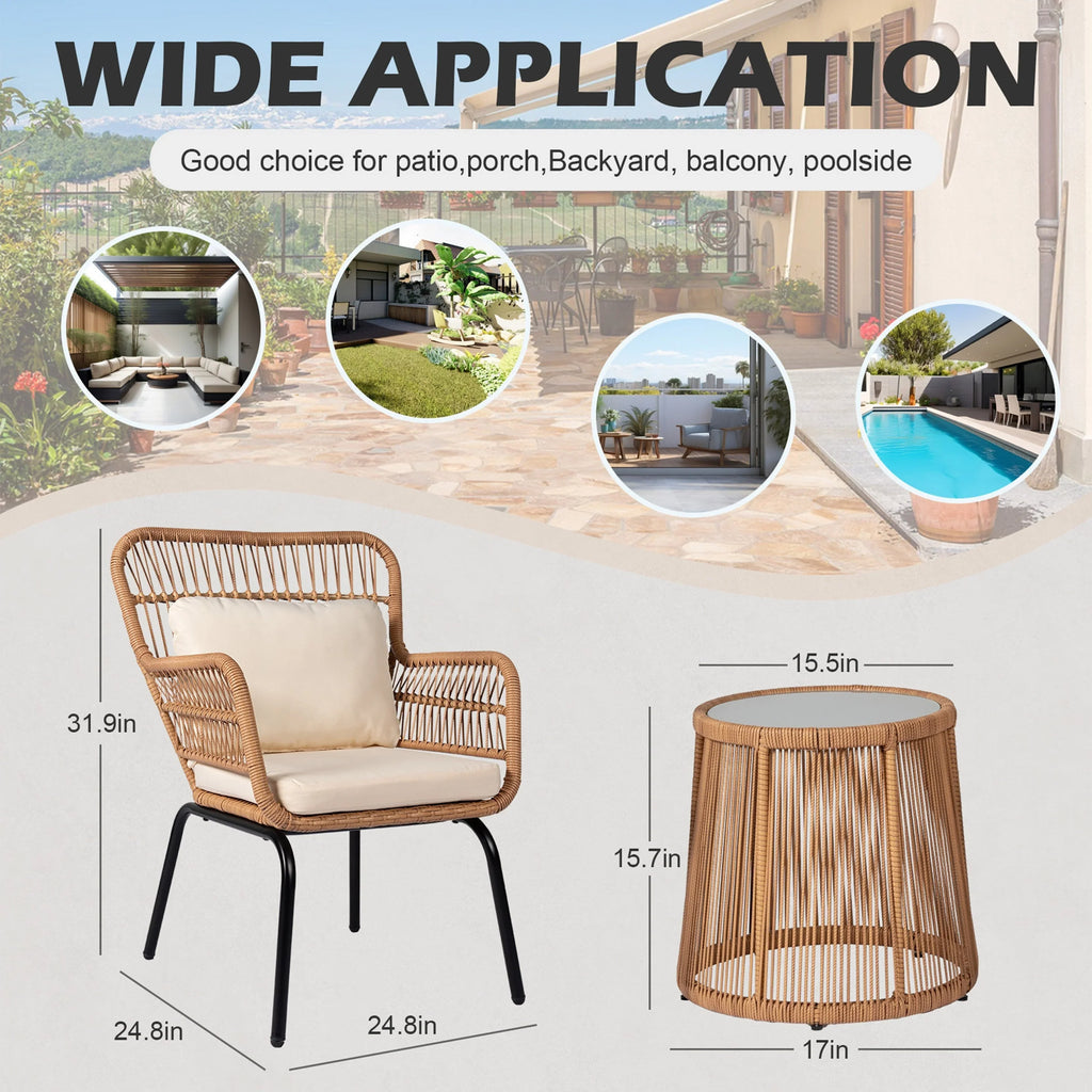 3 Piece Outdoor Wicker Conversation Bistro Set, All-Weather Rattan Furniture Patio Chairs Set with Cushions