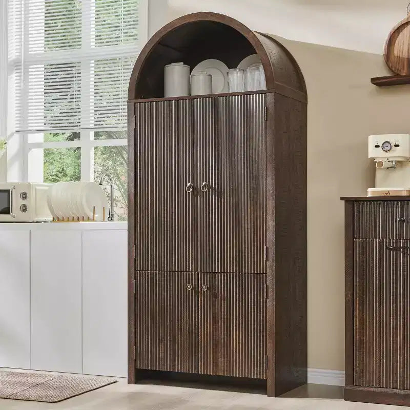 71 Tall Arched Kitchen Pantry, Modern Storage Cabinet with 3 Adjustable Shelves, 6 Door Shelves, for Kitchen, Living Room