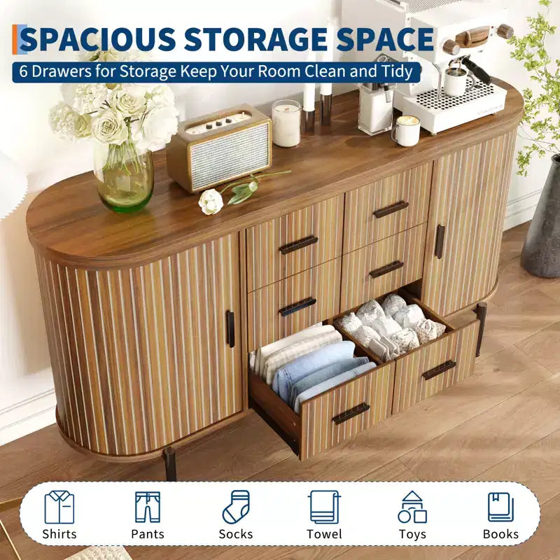 59in Farmhouse Fluted Sideboard Buffet Cabinet, Media TV Console Table with 6 Drawers & 2 Sliding Doors, Versatile Storage Cabinet for Living Room