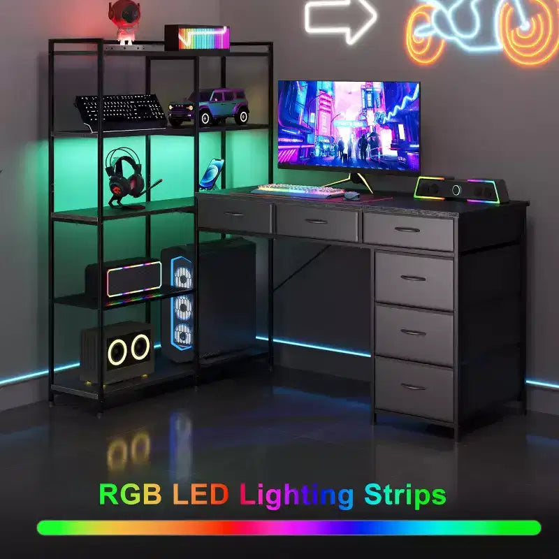 47 L-Shaped Computer Desk with 6 Drawers & 5-Tier Shelves, Reversible Corner Gaming Desk with LED Lights & Power Outlets