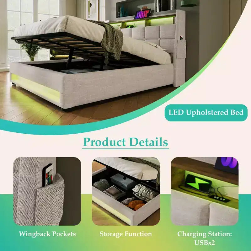 Queen Bed with Hydraulic Storage, LED, USB, Upholstered Headboard, No Box Spring, Easy Assembly