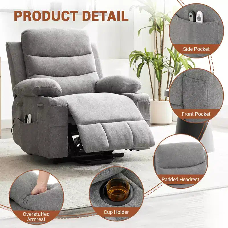 Lift Recliner Chair with Massage & Heat, Oversized Power Recliners, Home Theater Seat with 2 Cup Holders Side, Glider Reclining Single Sofa Chair