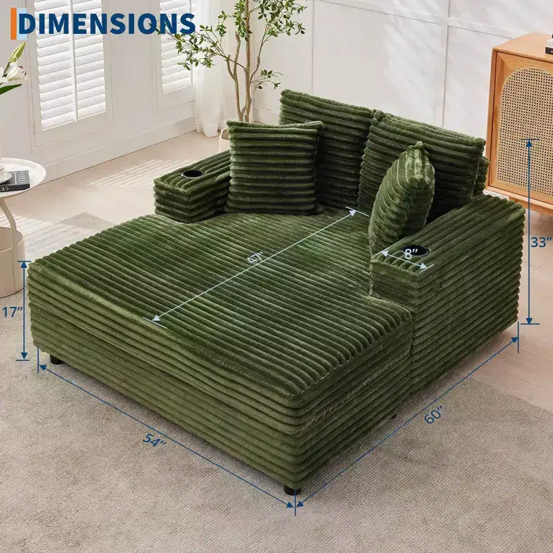 Corduroy 3-Seat Lounge Sofa with Cup Holders & Charging Ports