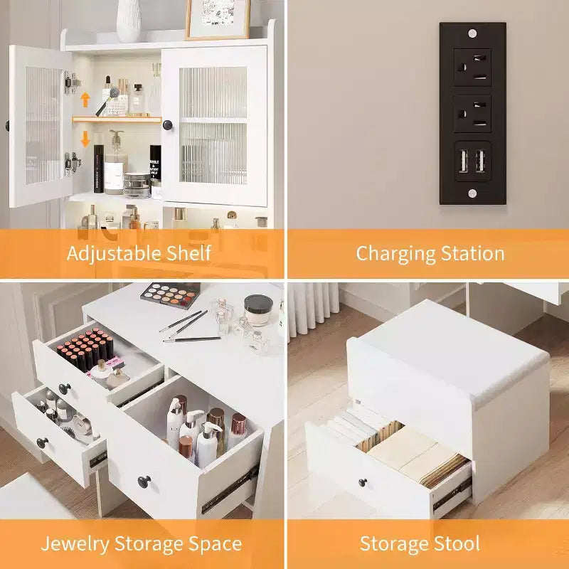 3-in-1 Makeup Vanity Desk with Lighted Mirror, Compact Vanity Table with Drawers, Storage Compartment & Rolling Stool for Bedroom