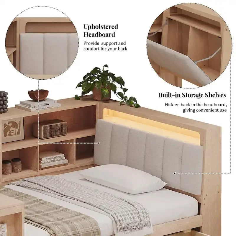 L-shaped Wooden Sofa Daybed with Desk, Bookcase Cabinet, Corner Bed with Under-bed Drawers, Upholstered Headboard Built-in Light