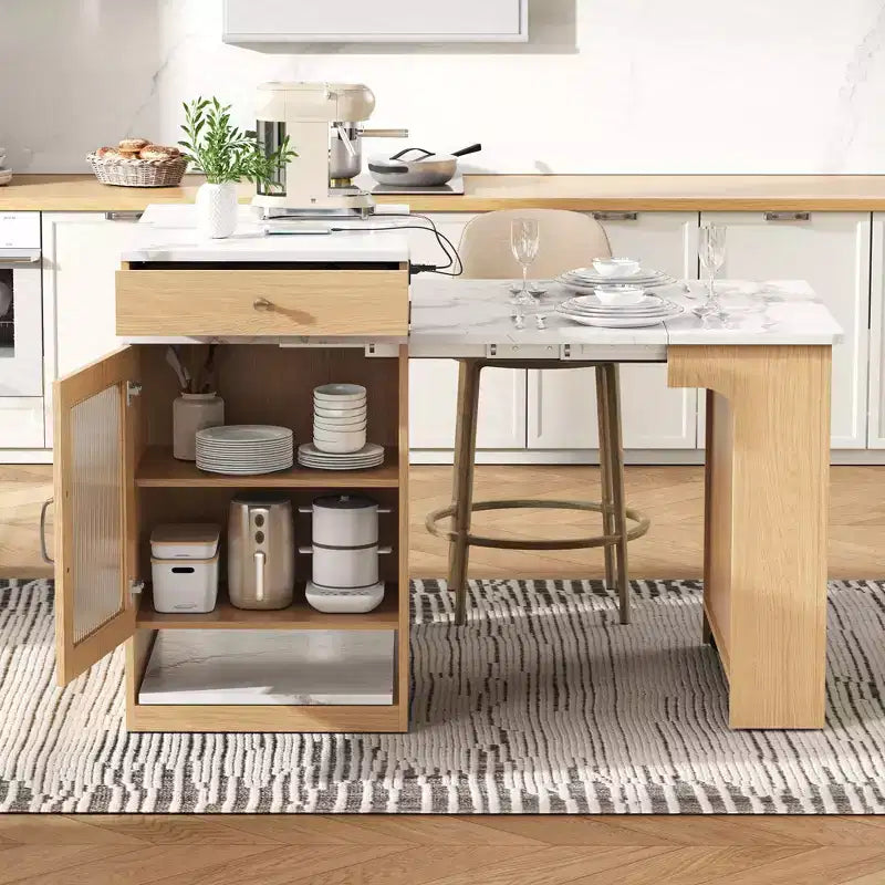 59.5 Kitchen Island with Extendable Dining Table, Double-Sided Storage & Power Outlet, Natural