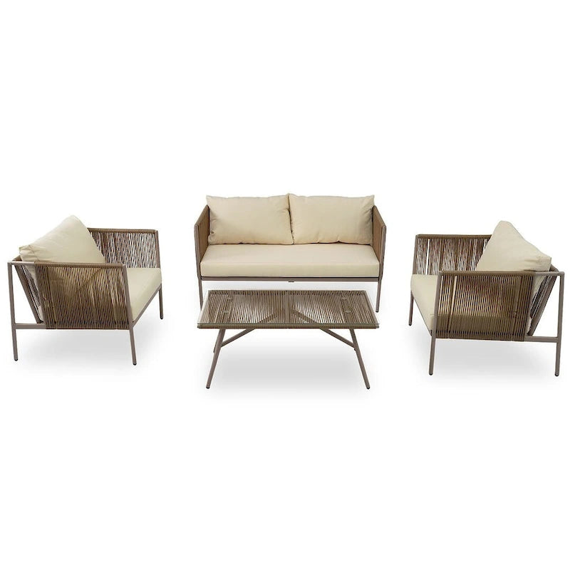 4 PCS Outdoor Rope Patio Set for 4 with Cushions and Glass Table