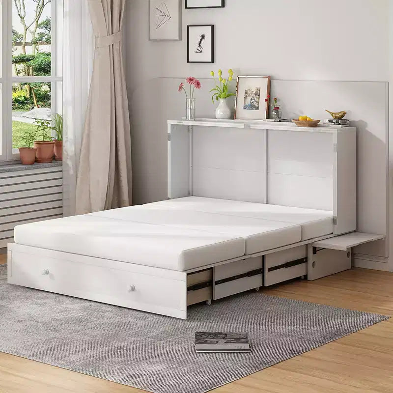 Mjkone Murphy Bed Queen,Cube Cabinet Chest Bed with Charging Station&Storage Space