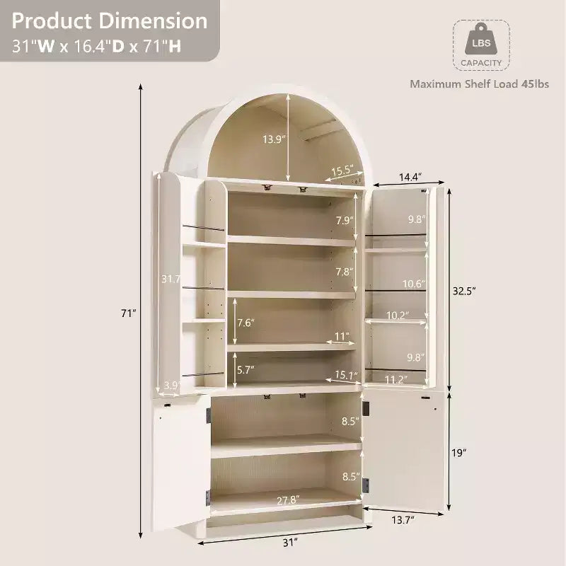 71 Tall Arched Kitchen Pantry, Modern Storage Cabinet with 3 Adjustable Shelves, 6 Door Shelves, for Kitchen, Living Room