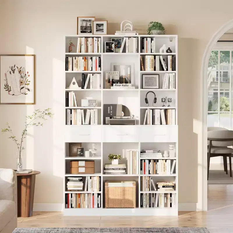 Black/White 9-Tier Bookcase with 3 Drawers, Adjustable Shelves