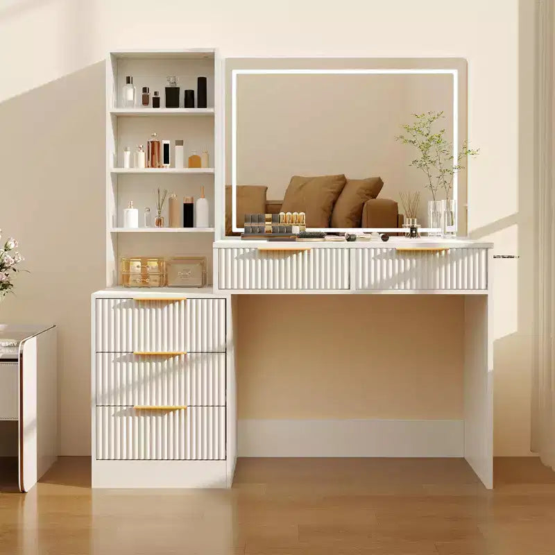 Makeup Vanity Desk with Lighted Mirror & Charging Station, 3-Color Dimmable Touch, 5 Drawers & Glass Top, Modern Bedroom Dressing Table