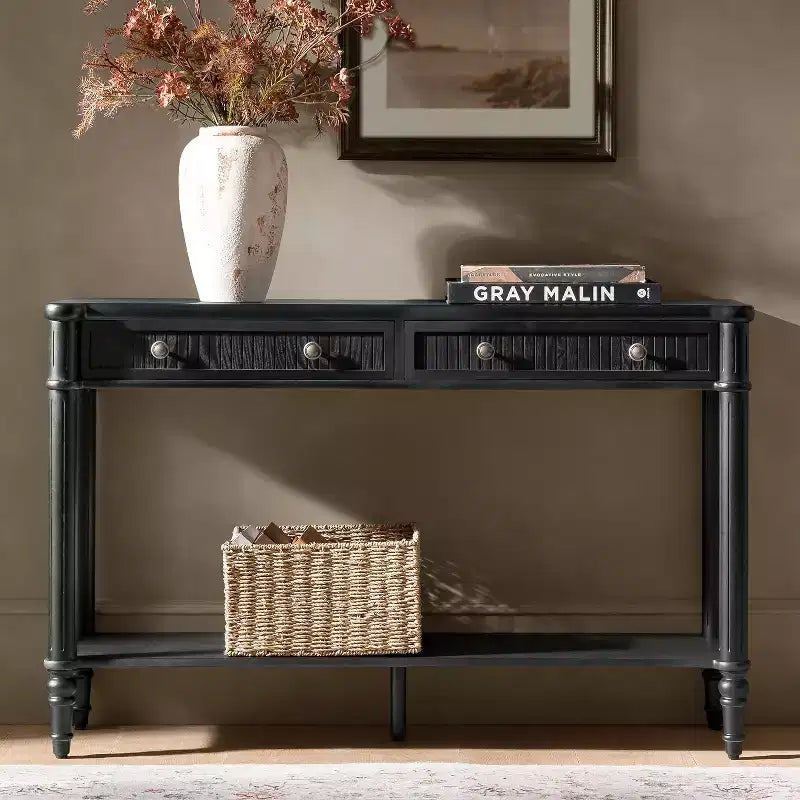 47.2 Walnut Console Table with 2 Fluted Drawers & Lower Shelf