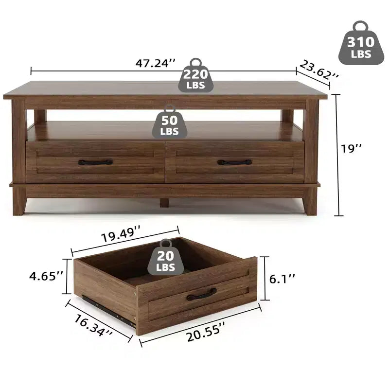 Farmhouse Coffee Table with Drawers, 47.2 Center Table Rustic Coffee Tables Brown Living Room Table, with Open Shelf and 6 Support Legs