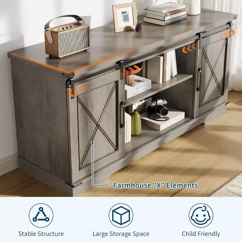 Farmhouse TV Stand for TVs Up to 65, Entertainment Center with Sliding Barn Doors & Storage Cabinets, Media Console Table for Living Room, Bedroom