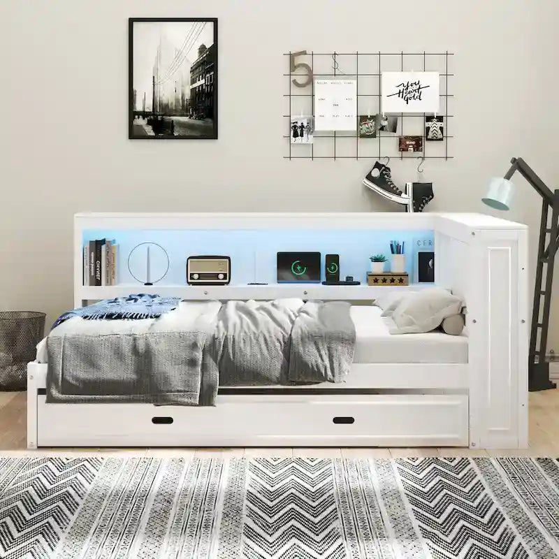 Lit de repos double avec étagères, chargement USB, lumières LED et lit gigogne simple