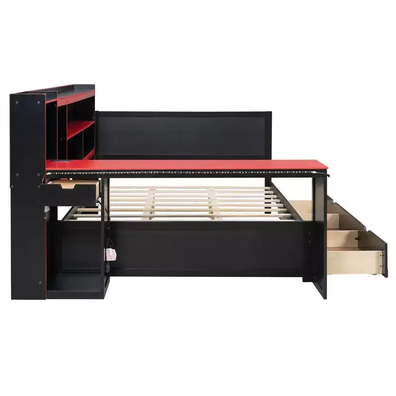 Gamer Hub Daybed with Desk, RGB Lights, Charging Station, Storage Drawers & Bookcase Headboard