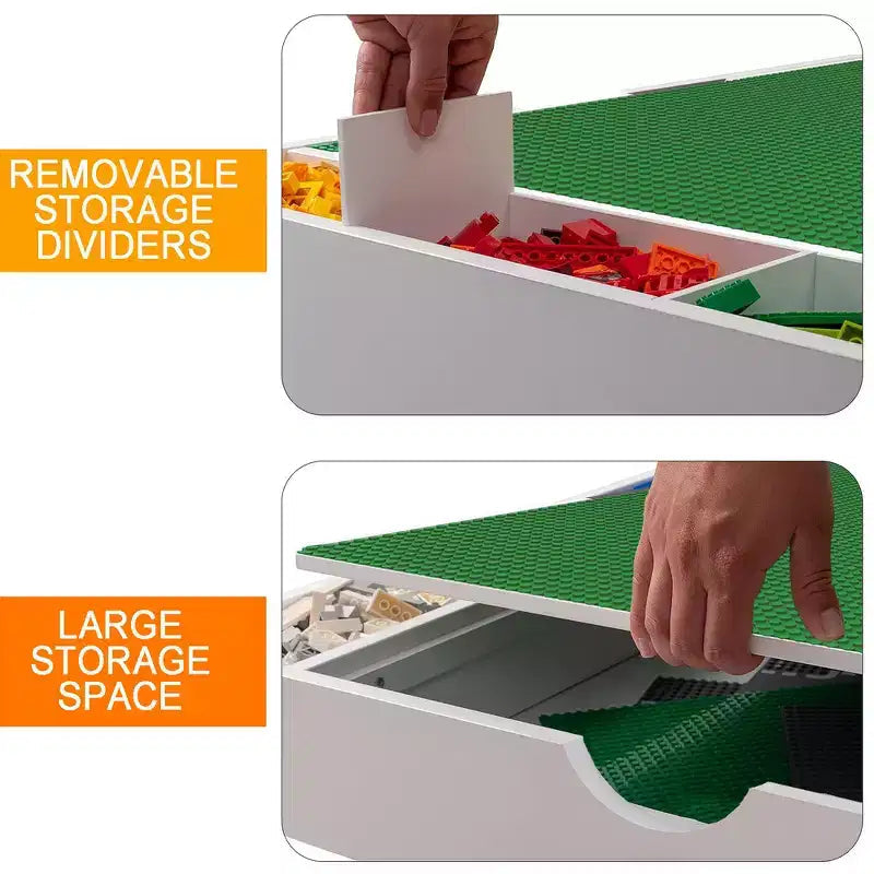 Kids 2-in-1 Activity Play Table with 7 Storage Compartments - LEGO Compatible Building Block & Whiteboard Table, White & Green