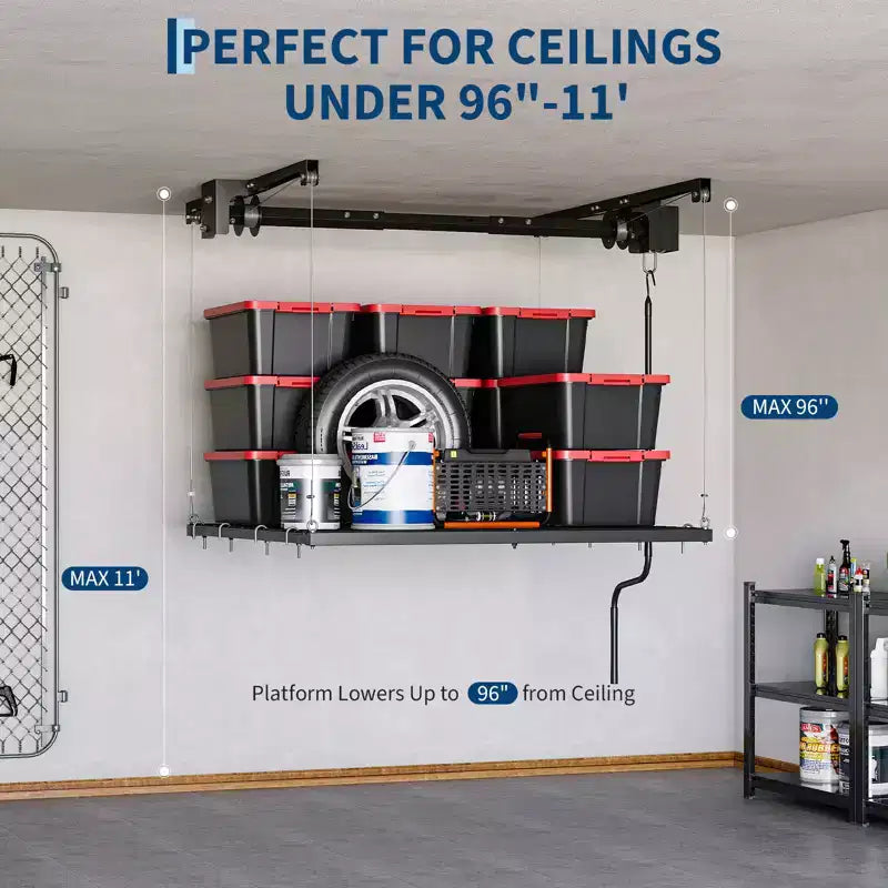 Adjustable Heavy-Duty Overhead Garage Storage Rack, Ceiling-Mounted with Safety Lock, 250 lb Capacity for Bins, Tools, Bikes, and Garage