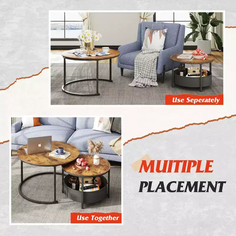 GALAXHERO Set of 2 Nesting Round Coffee Tables - 31.5 Center Tables with Storage & Metal Frame for Living Room/Apartment
