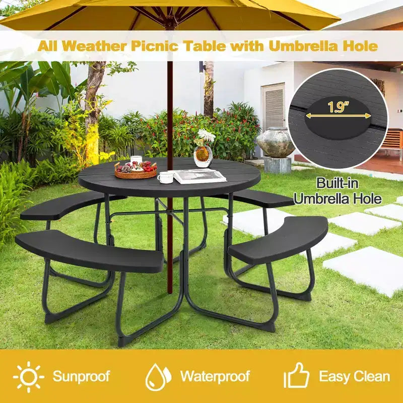 Costway Outdoor 8-person Round Picnic Table Bench Set with 4 Benches & Umbrella Hole Black/Grey/Green/White