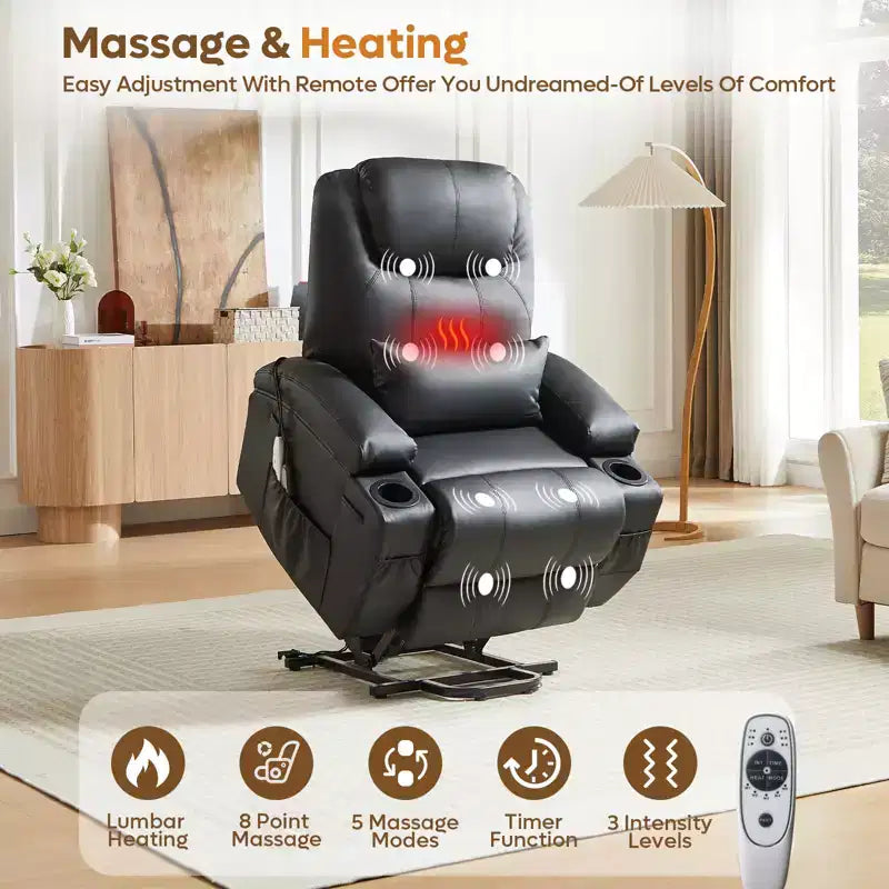 Bestier 34.6 Electric Power Lift Asist Recliner Chair with Massage and Heat, Fax Leather Reclining Chair with Side Pockets & Cup Holders
