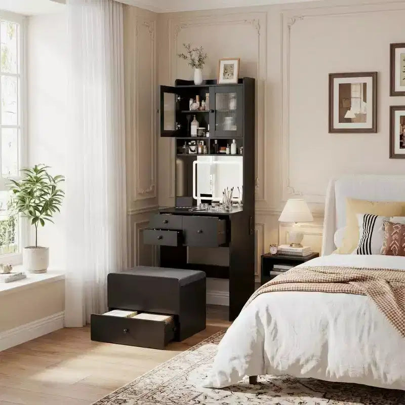 3-in-1 Makeup Vanity Desk with Lighted Mirror, Compact Vanity Table with Drawers, Storage Compartment & Rolling Stool for Bedroom