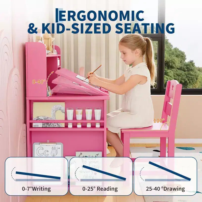 Kids Study Desk & Chair Set with Storage, Kids Study Desk with Hutch and Tiltable, Wooden Children Table with Storage Cabinet for 3-8 Years Old