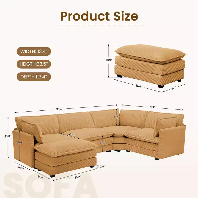 Modern 113.4D*79.13W Oversized Corduroy Modular 5-Seat Sectional Sofa Set with Ottoman U Shaped Sofa Couch with Corner Sofa,HYLEORY