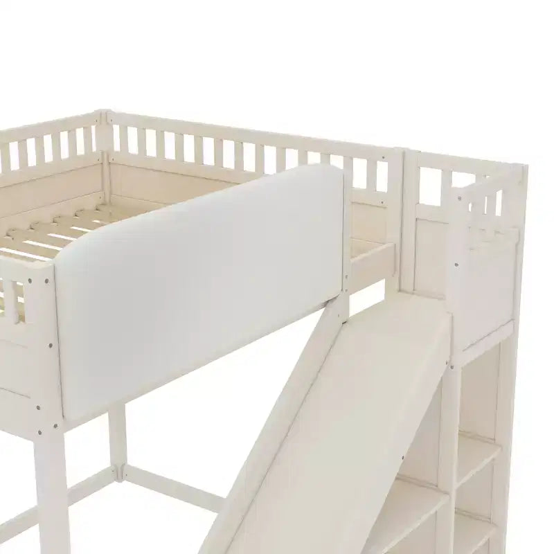 Bellemave Loft Bed with Upholstered Headboard and Storage Shelves,Solid Wood Loft Bed Frame with Ladder and Slide for Kids