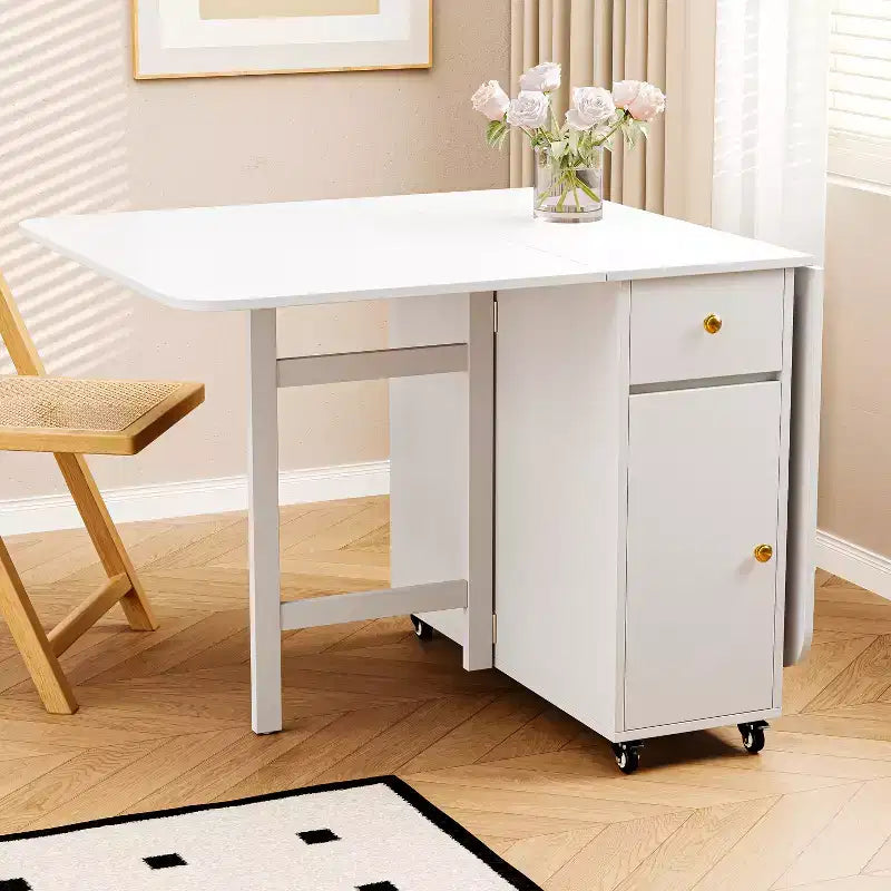 ATJafurn 59 Foldable Dining Table with Drop Leaves for Small Space, Rectangular Wooden Extendable kitchen Table with Wheels and Storage