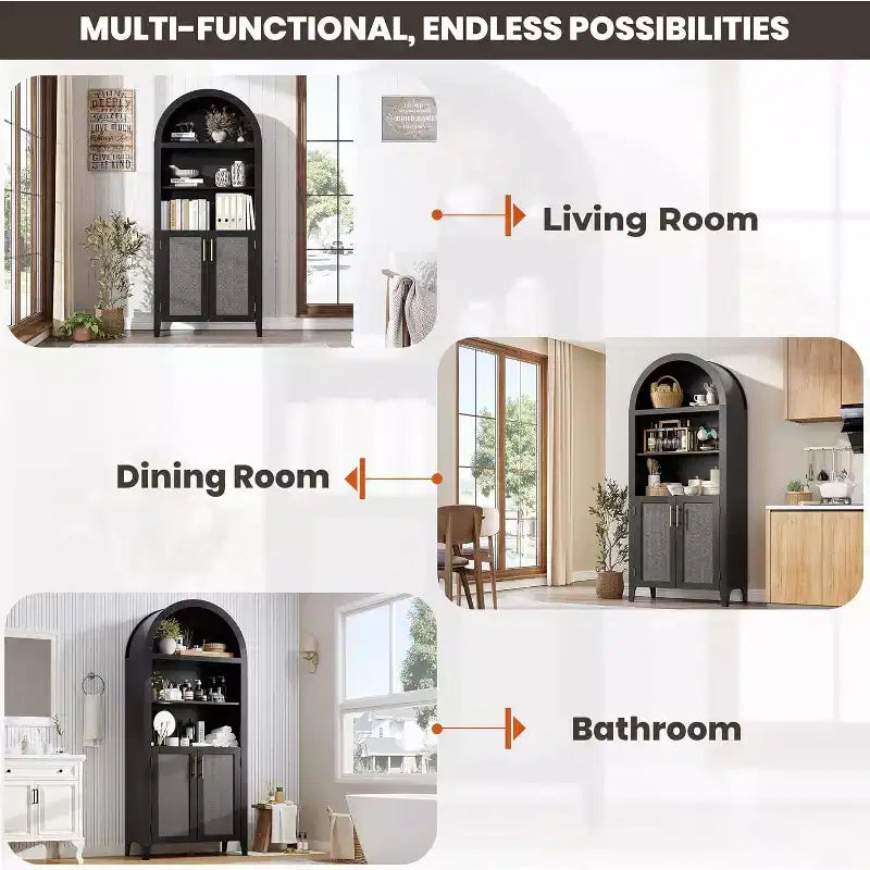 Acekool Arched Pantry Cabinet with Rattan Doors, 5-Tier Farmhouse Storage Cabinet for Kitchen Dining Living Room