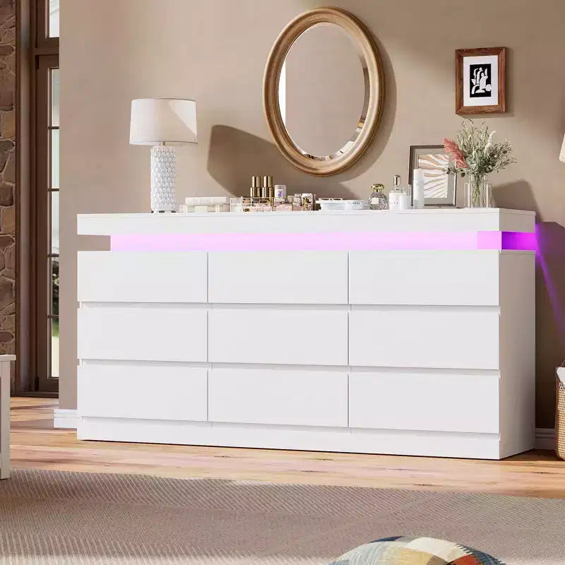 9 Drawer Dresser for Bedroom, Chest of Drawers with Charging Station & LED Lights, Double Wooden Closet Storage Cabinet, Modern Dresser TV Stand