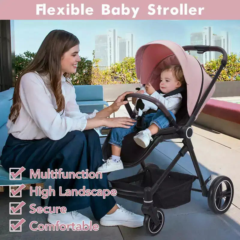 Baby Stroller, Foldable Stroller - High Landscape Pushchair for Newborn & Toddler, Convertible Pram with Reversible Backrest