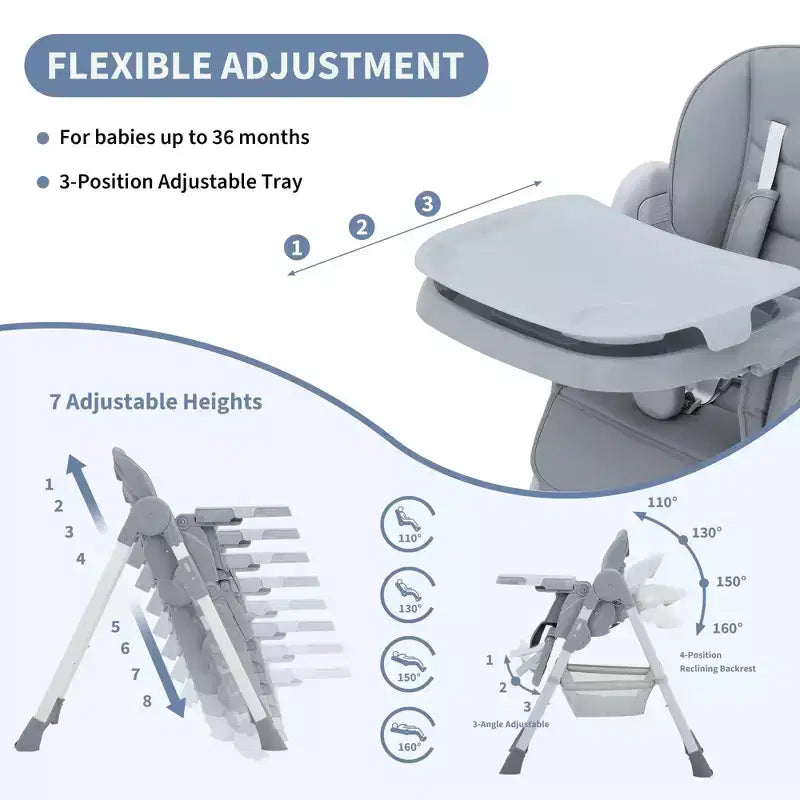 Foldable High Chair for Babies&Toddlers,PU Leather Highchair with Adjustable Backrest,Seat Height,Removable Tray,5-Point Safety Harness&Locking Wheels