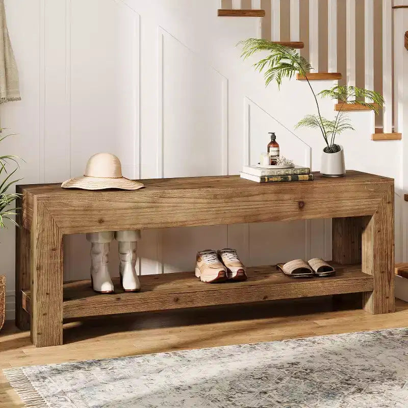 47.24 Solid Wood Entryway Bench with Open Shelves, Rustic Brown