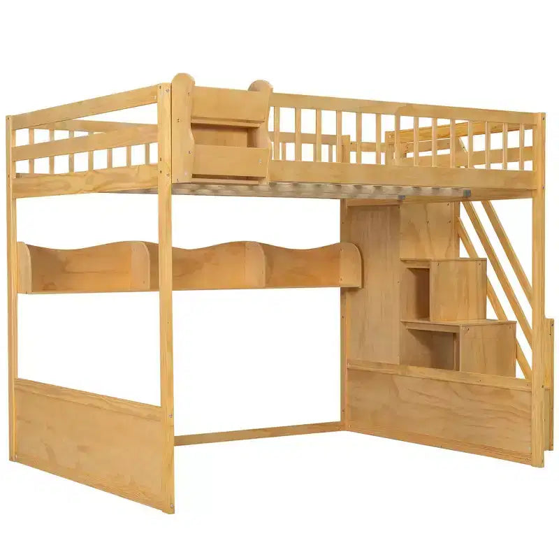 Queen Loft Bed Frame with Staircase, Wardrobe & Storage Shelves - MDF, 650 lb