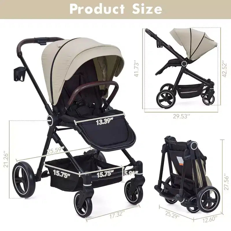 Baby Stroller, Foldable Stroller - High Landscape Pushchair for Newborn & Toddler, Convertible Pram with Reversible Backrest