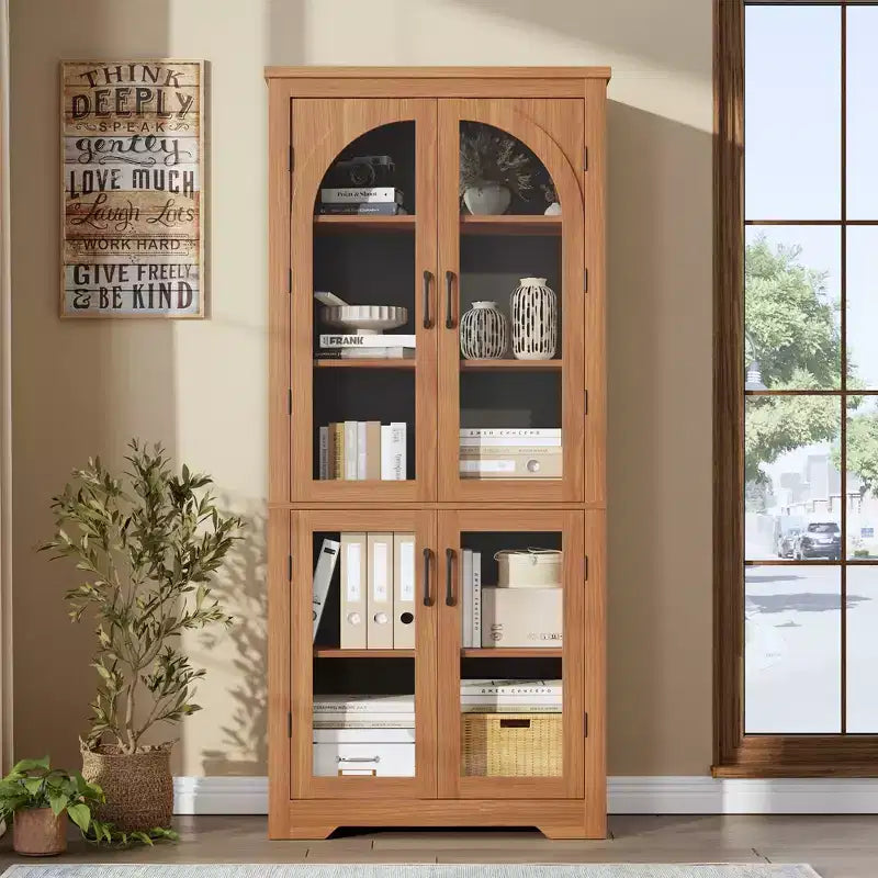 70 Tall Kitchen Pantry Cabinet, Modern Display Cabinet with 4 Arched Glass Doors and Adjustable Shelves, for Kitchen, Living Room, Dining, Bathroom