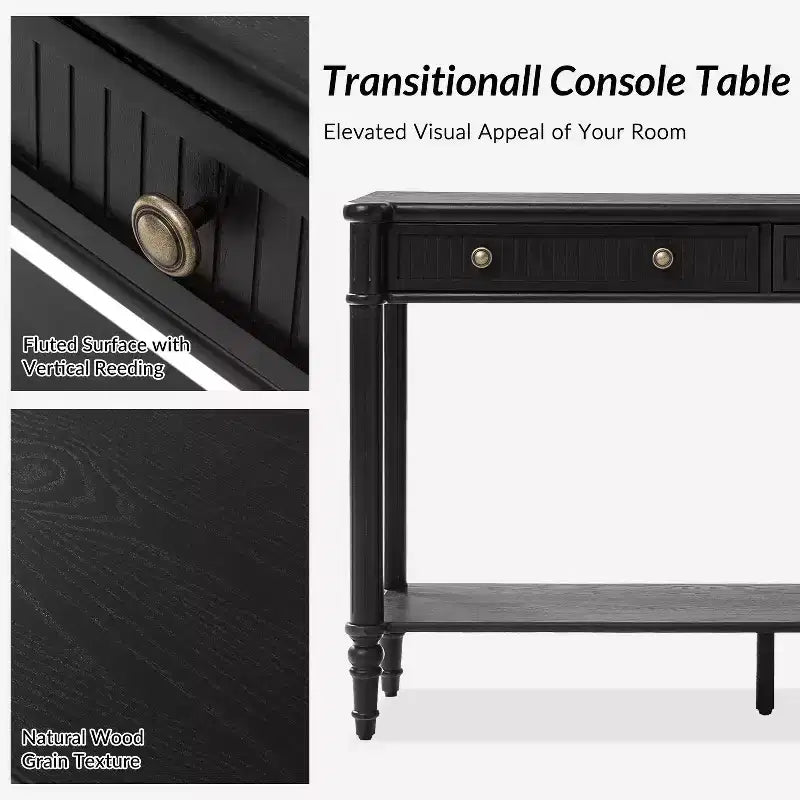 47.2 Walnut Console Table with 2 Fluted Drawers & Lower Shelf