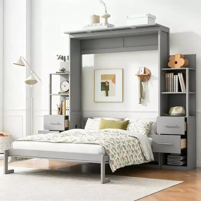 Luxystar Queen Murphy Bed with Storage Shelves, 4 Drawers and Lights