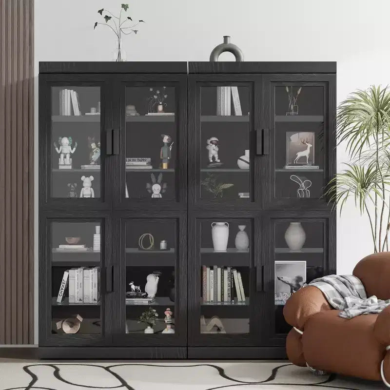 62 High Black Glass Door Wood Grain Decorative Storage Cabinet Display Cabinet, with Sufficient Space for 12 Shelves