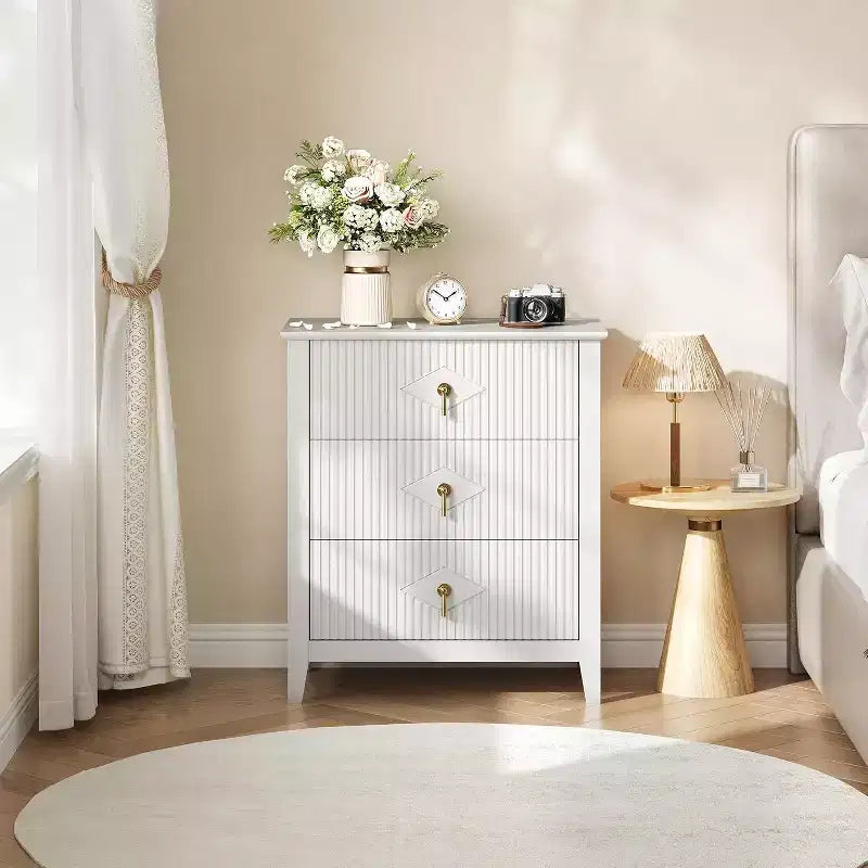 2Pcs Fluted Wood Nightstands, 27.5 Wide 3-Drawer Dresser Set, Modern Bedside Tables, Chest of Drawers for Bedroom, Living Room