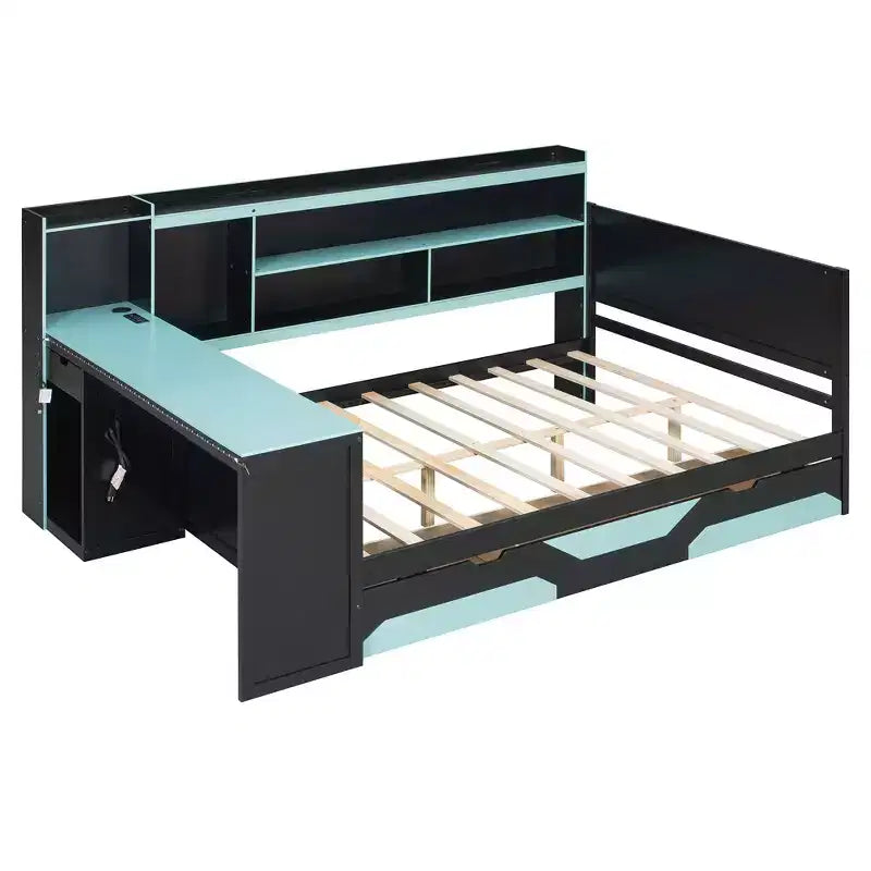 Gamer Hub Daybed with Desk, RGB Lights, Charging Station, Storage Drawers & Bookcase Headboard